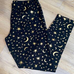 XL Black and Gold Metallic Leggings with Stars and Moons